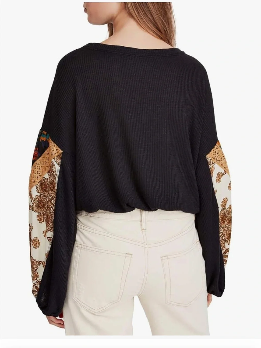 Free People Black Waffle Knit Shirt with Gold Paisley Balloon Sleeves Size L